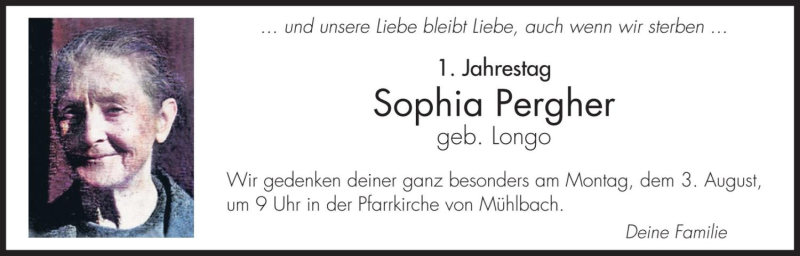  Traueranzeige für Sophia Pergher vom 01.08.2020 aus Dolomiten