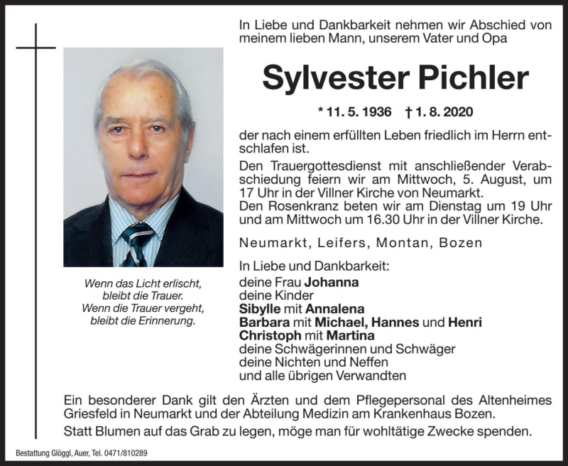  Traueranzeige für Sylvester Pichler vom 03.08.2020 aus Dolomiten