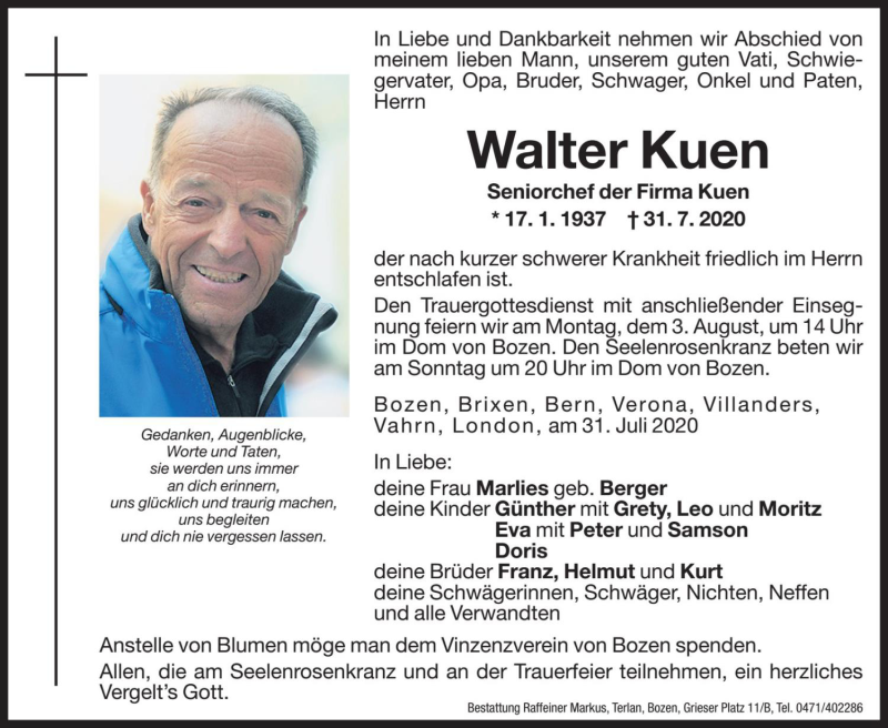  Traueranzeige für Walter Kuen vom 01.08.2020 aus Dolomiten