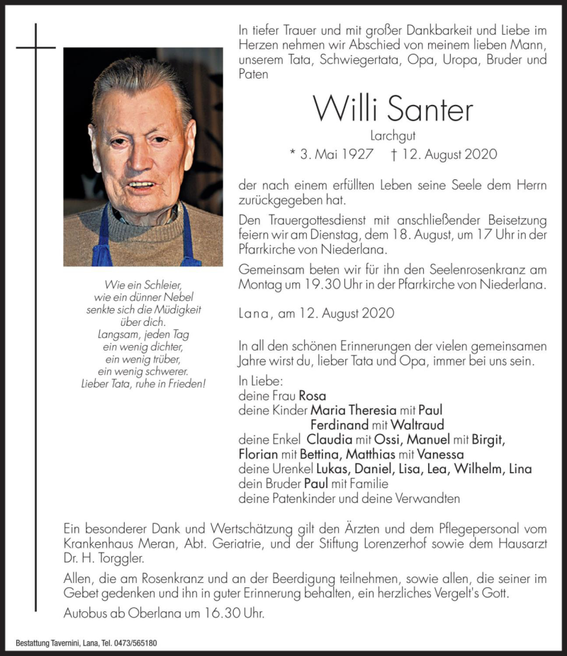  Traueranzeige für Willi Santer vom 14.08.2020 aus Dolomiten