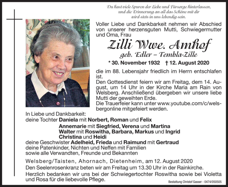  Traueranzeige für Zilli Amhof vom 14.08.2020 aus Dolomiten
