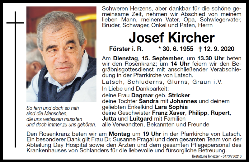  Traueranzeige für Josef Kircher vom 14.09.2020 aus Dolomiten