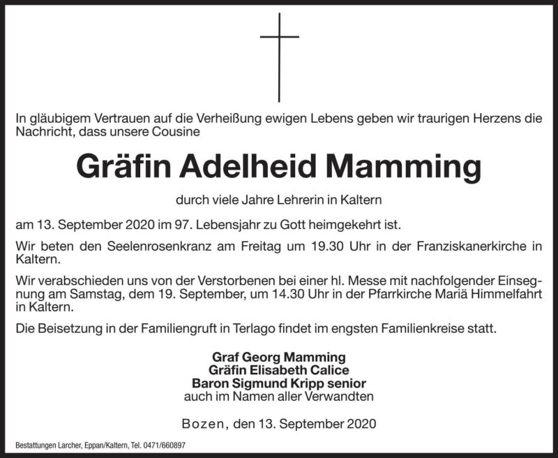  Traueranzeige für Adelheid Mamming vom 16.09.2020 aus Dolomiten