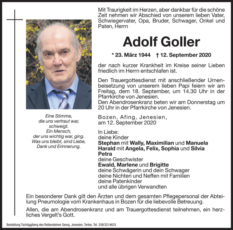  Traueranzeige für Adolf Goller vom 15.09.2020 aus Dolomiten