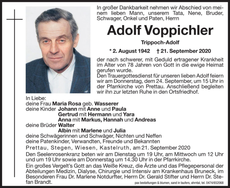  Traueranzeige für Adolf   Voppichler vom 22.09.2020 aus Dolomiten