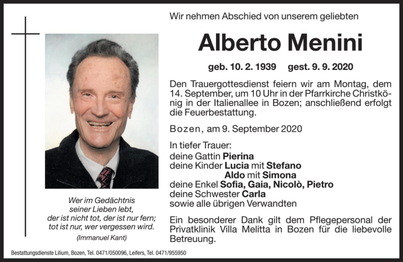  Traueranzeige für Alberto Menini vom 12.09.2020 aus Dolomiten