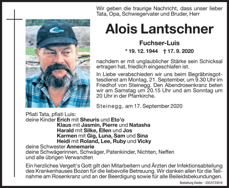  Traueranzeige für Alois Lantschner vom 18.09.2020 aus Dolomiten