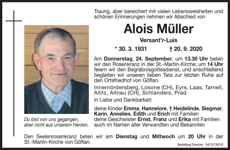  Traueranzeige für Alois Müller vom 22.09.2020 aus Dolomiten