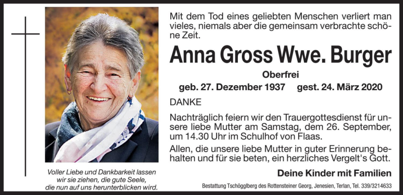  Traueranzeige für Anna Burger vom 25.09.2020 aus Dolomiten