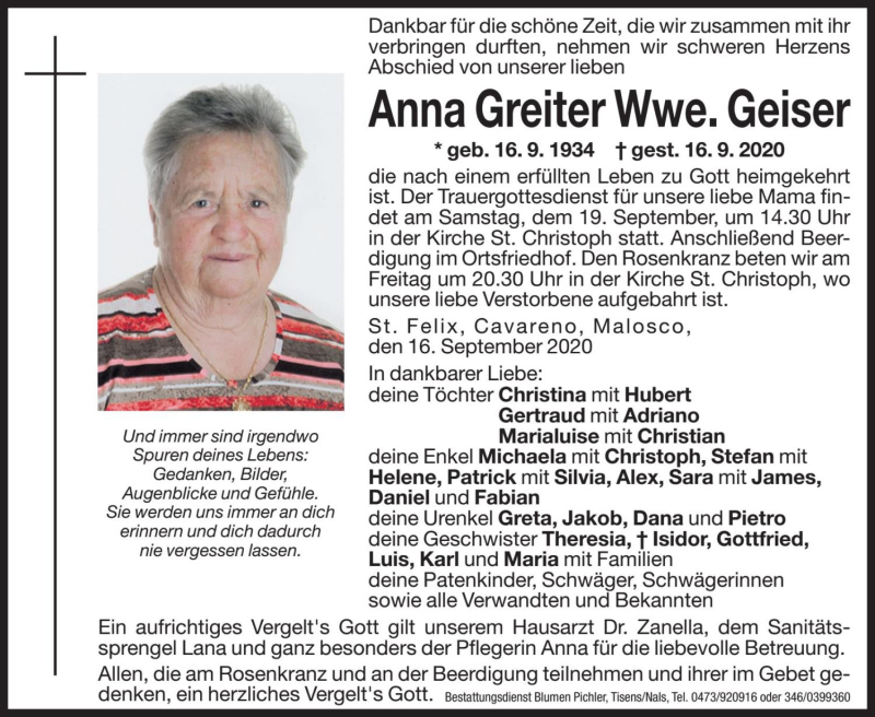  Traueranzeige für Anna Geiser vom 18.09.2020 aus Dolomiten