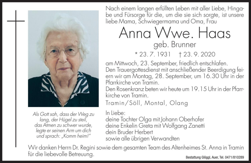  Traueranzeige für Anna Haas vom 25.09.2020 aus Dolomiten