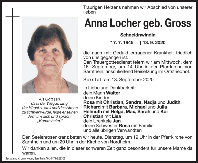  Traueranzeige für Anna Locher vom 15.09.2020 aus Dolomiten
