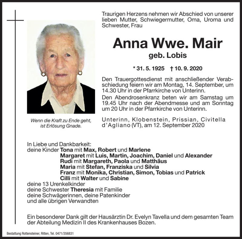  Traueranzeige für Anna Mair vom 12.09.2020 aus Dolomiten
