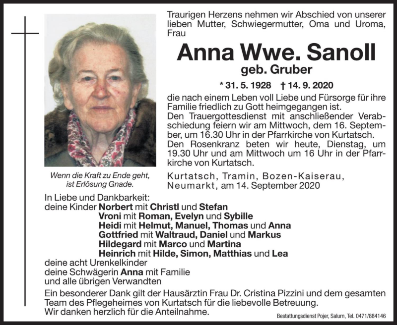  Traueranzeige für Anna Sanoll vom 15.09.2020 aus Dolomiten