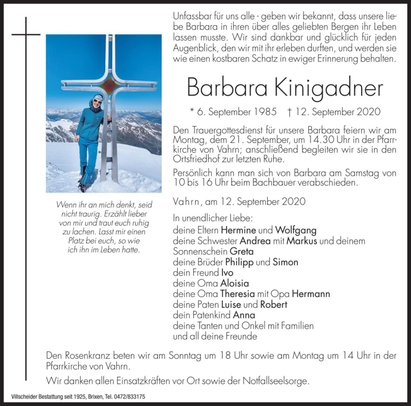  Traueranzeige für Barbara Kinigadner vom 18.09.2020 aus Dolomiten