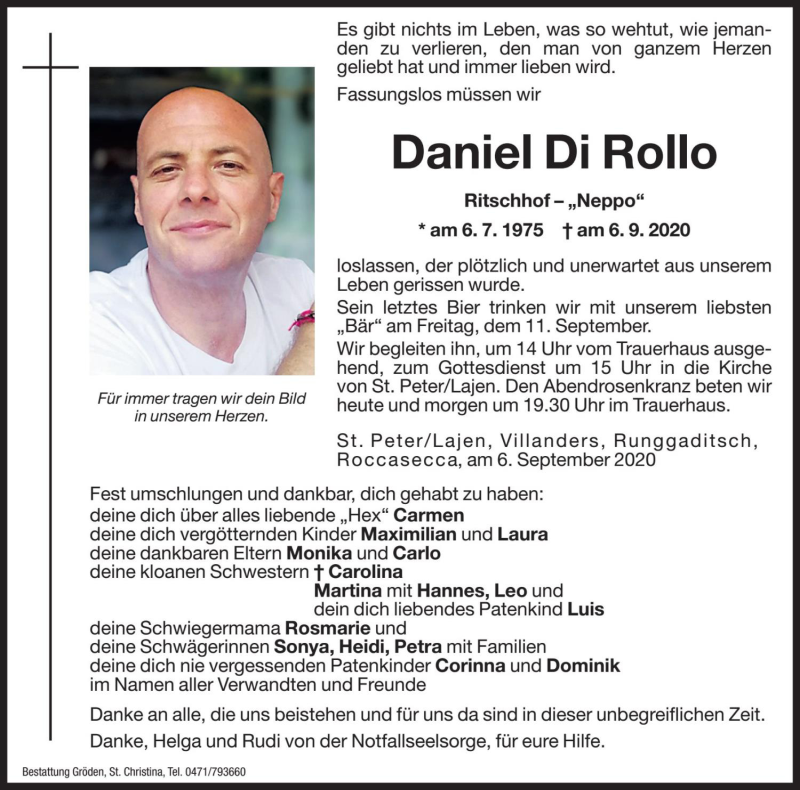  Traueranzeige für Daniel Di Rollo vom 09.09.2020 aus Dolomiten