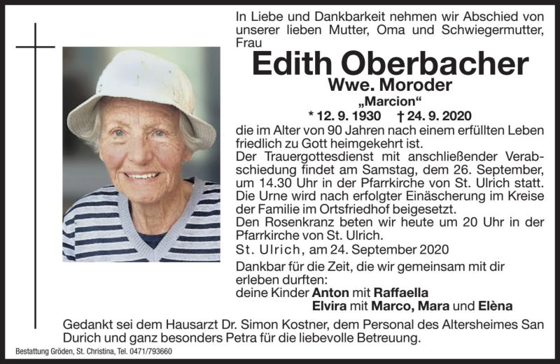  Traueranzeige für Edith Moroder vom 25.09.2020 aus Dolomiten