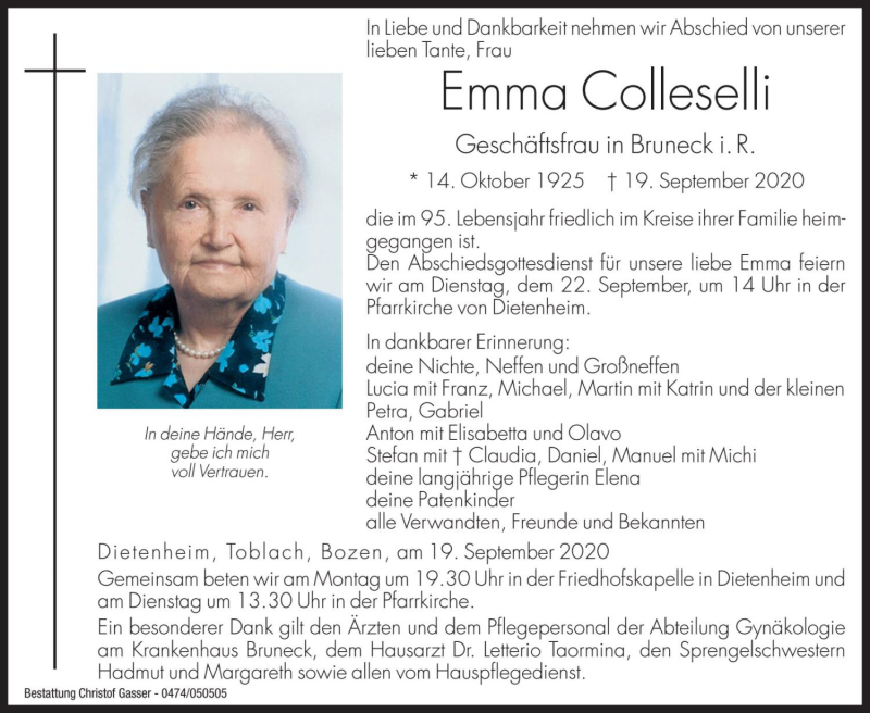  Traueranzeige für Emma Colleselli vom 21.09.2020 aus Dolomiten