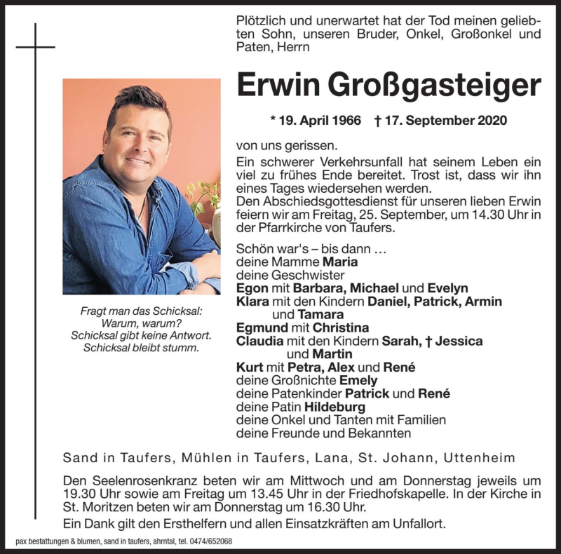  Traueranzeige für Erwin Großgasteiger vom 23.09.2020 aus Dolomiten