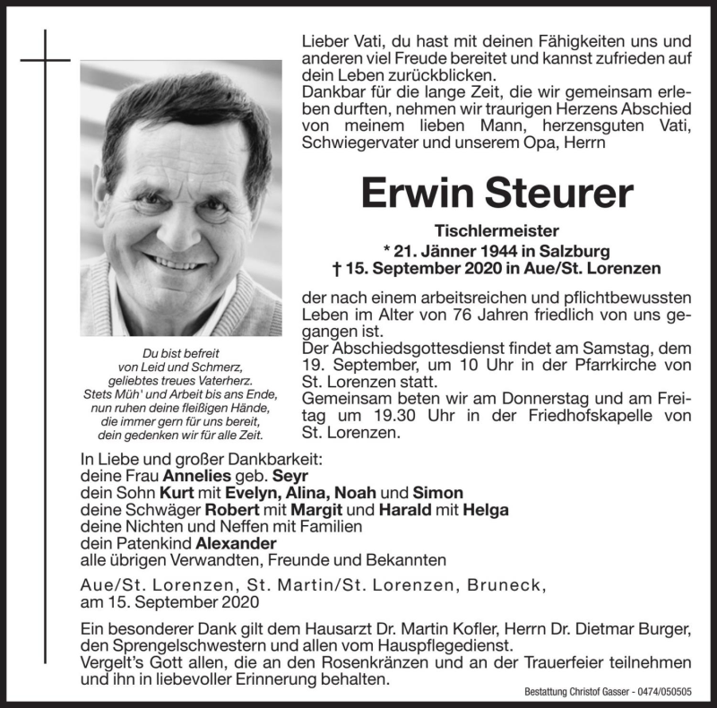  Traueranzeige für Erwin Steurer vom 18.09.2020 aus Dolomiten