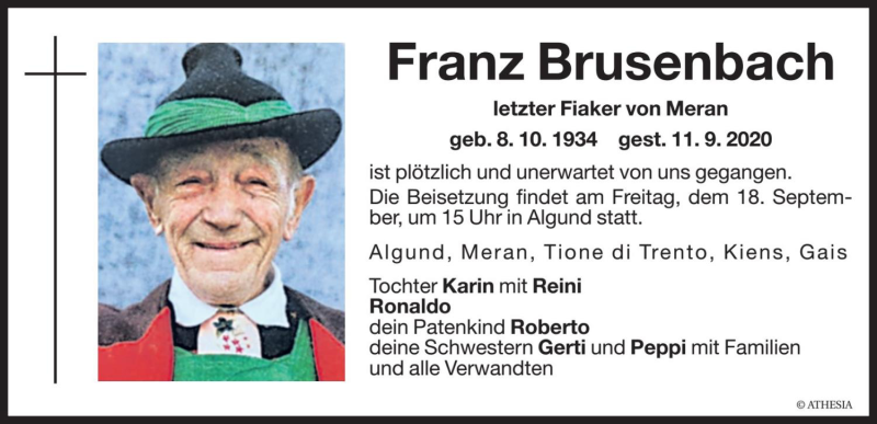  Traueranzeige für Franz Brusenbach vom 16.09.2020 aus Dolomiten