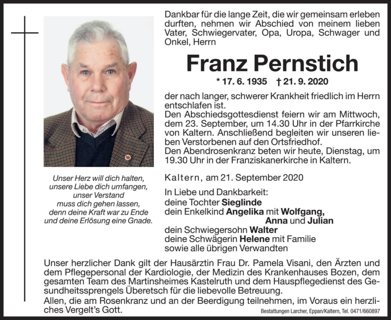  Traueranzeige für Franz Pernstich vom 22.09.2020 aus Dolomiten