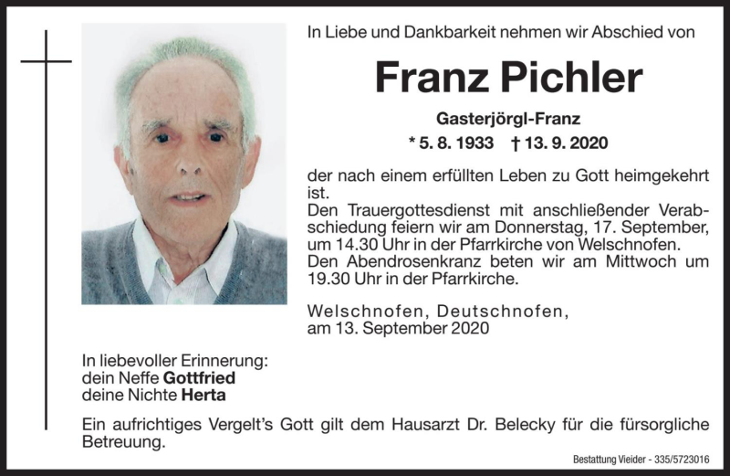  Traueranzeige für Franz Pichler vom 15.09.2020 aus Dolomiten