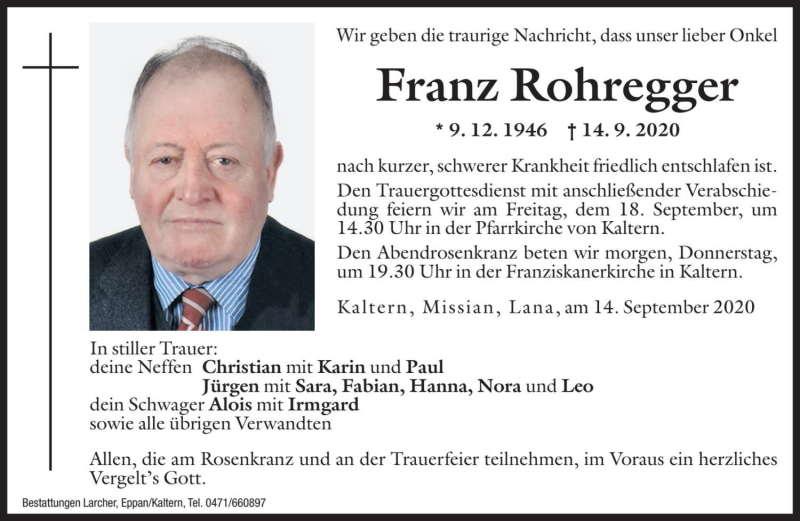  Traueranzeige für Franz Rohregger vom 16.09.2020 aus Dolomiten
