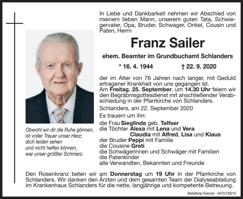  Traueranzeige für Franz Sailer vom 24.09.2020 aus Dolomiten