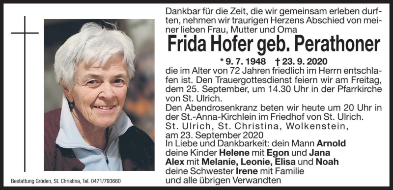  Traueranzeige für Frida Hofer vom 24.09.2020 aus Dolomiten