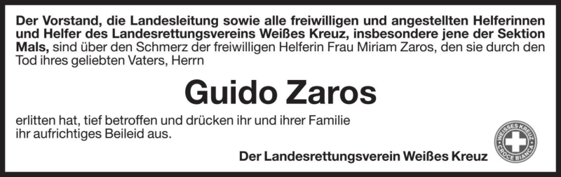  Traueranzeige für Guido Zaros vom 19.09.2020 aus Dolomiten