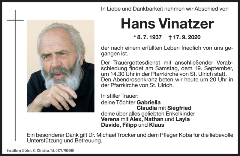  Traueranzeige für Hans Vinatzer vom 18.09.2020 aus Dolomiten