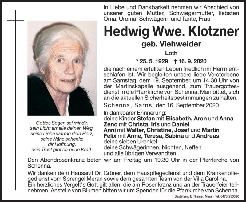  Traueranzeige für Hedwig Klotzner vom 18.09.2020 aus Dolomiten