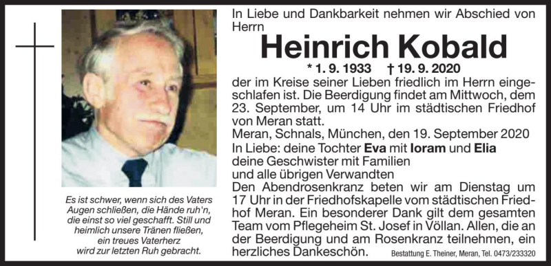  Traueranzeige für Heinrich Kobald vom 21.09.2020 aus Dolomiten
