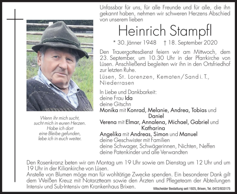  Traueranzeige für Heinrich Stampfl vom 21.09.2020 aus Dolomiten