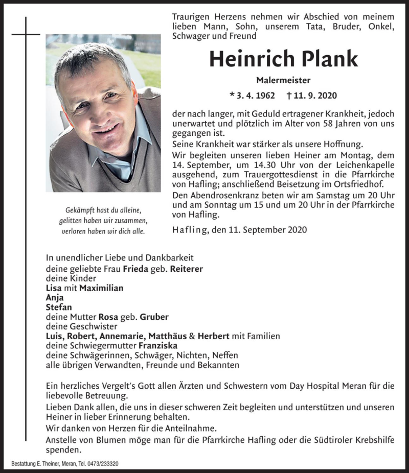  Traueranzeige für Heinrich  Plank vom 12.09.2020 aus Dolomiten