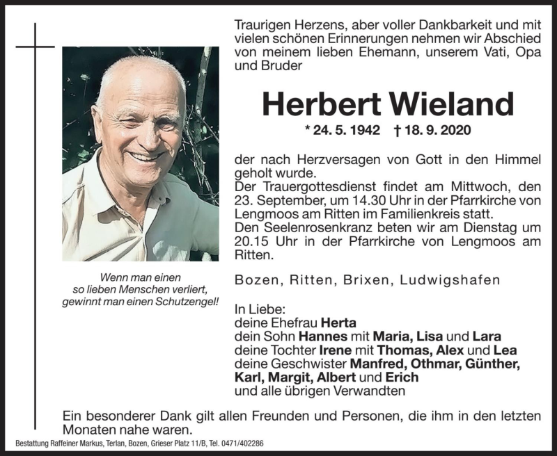  Traueranzeige für Herbert Wieland vom 21.09.2020 aus Dolomiten