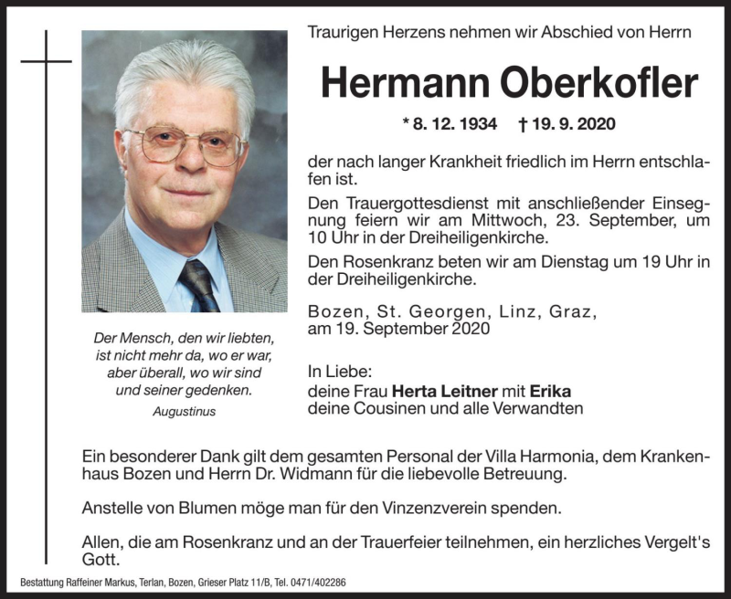  Traueranzeige für Hermann Oberkofler vom 21.09.2020 aus Dolomiten