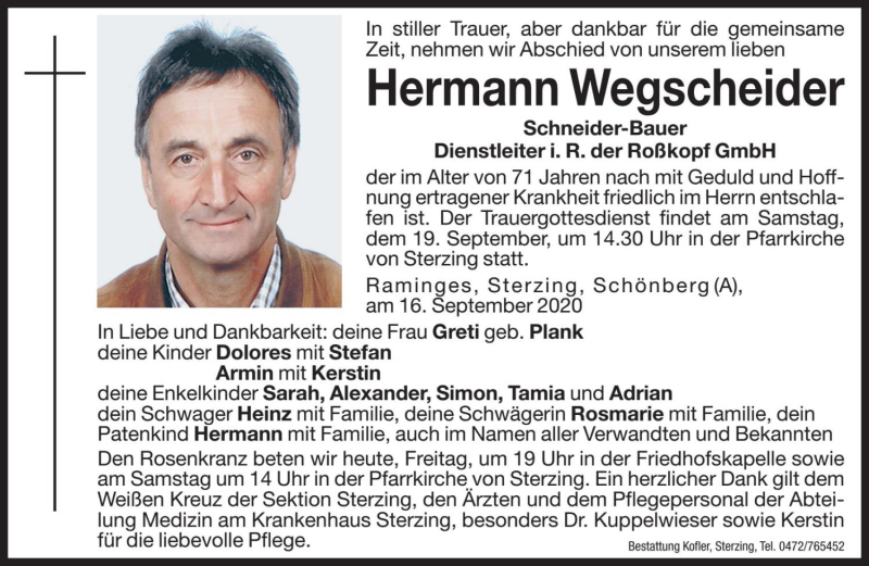  Traueranzeige für Hermann Wegscheider vom 18.09.2020 aus Dolomiten
