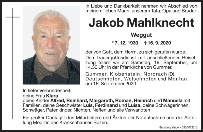  Traueranzeige für Jakob Mahlknecht vom 18.09.2020 aus Dolomiten