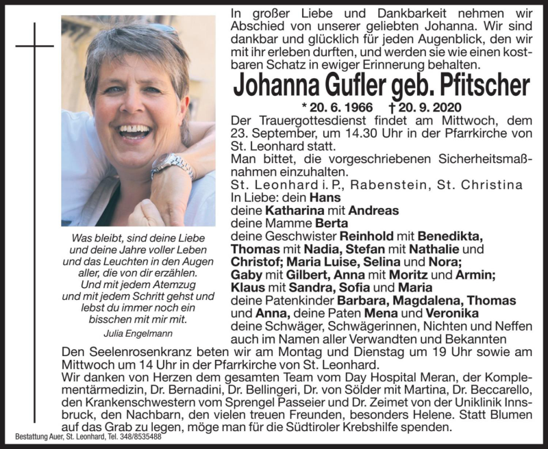  Traueranzeige für Johanna Gufler vom 21.09.2020 aus Dolomiten