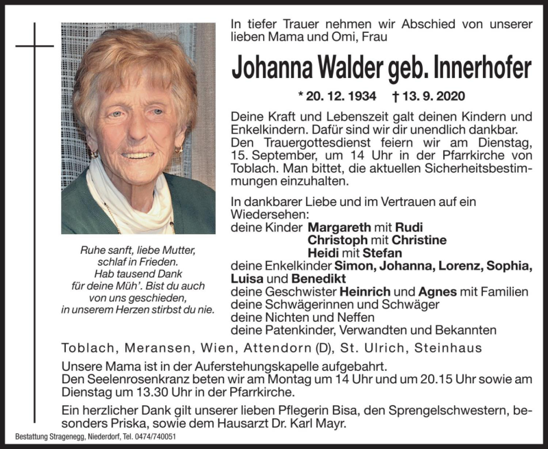  Traueranzeige für Johanna Walder vom 14.09.2020 aus Dolomiten