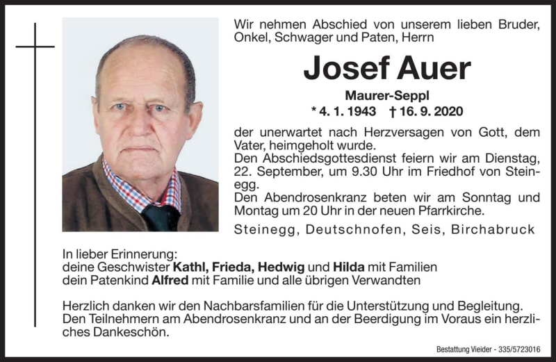  Traueranzeige für Josef Auer vom 19.09.2020 aus Dolomiten