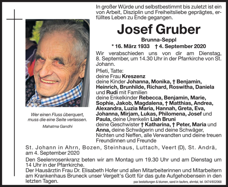  Traueranzeige für Josef Gruber vom 07.09.2020 aus Dolomiten