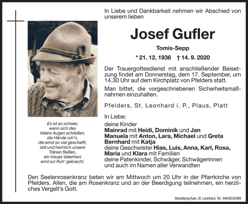  Traueranzeige für Josef Gufler vom 16.09.2020 aus Dolomiten