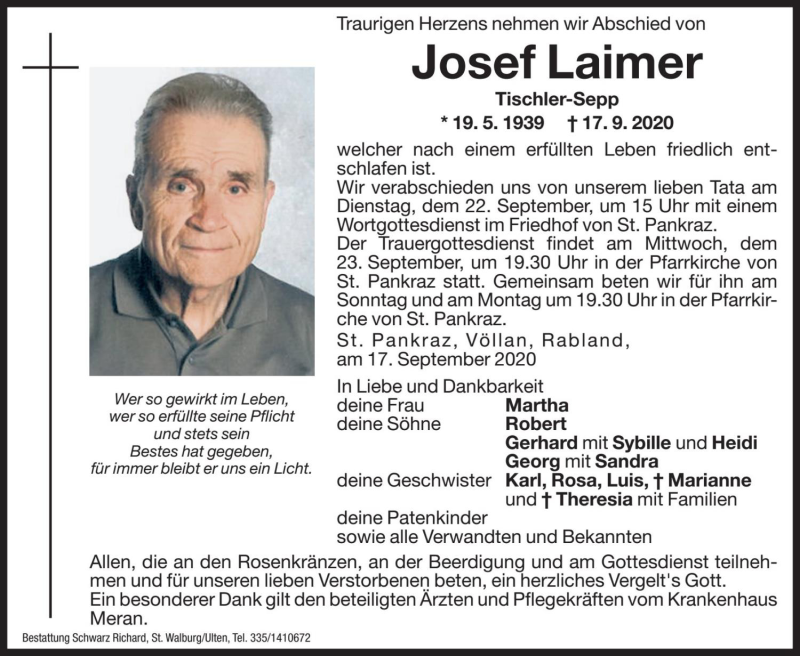  Traueranzeige für Josef Laimer vom 19.09.2020 aus Dolomiten