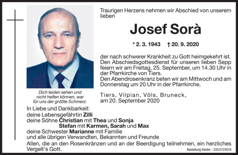  Traueranzeige für Josef Sorà vom 22.09.2020 aus Dolomiten