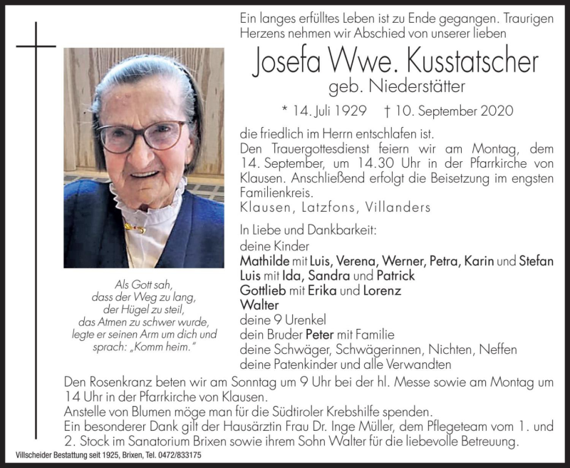  Traueranzeige für Josefa Kusstatscher vom 12.09.2020 aus Dolomiten