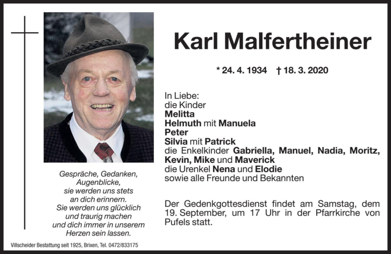  Traueranzeige für Karl Malfertheiner vom 18.09.2020 aus Dolomiten