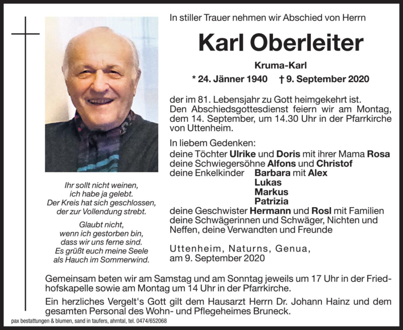  Traueranzeige für Karl Oberleiter vom 12.09.2020 aus Dolomiten